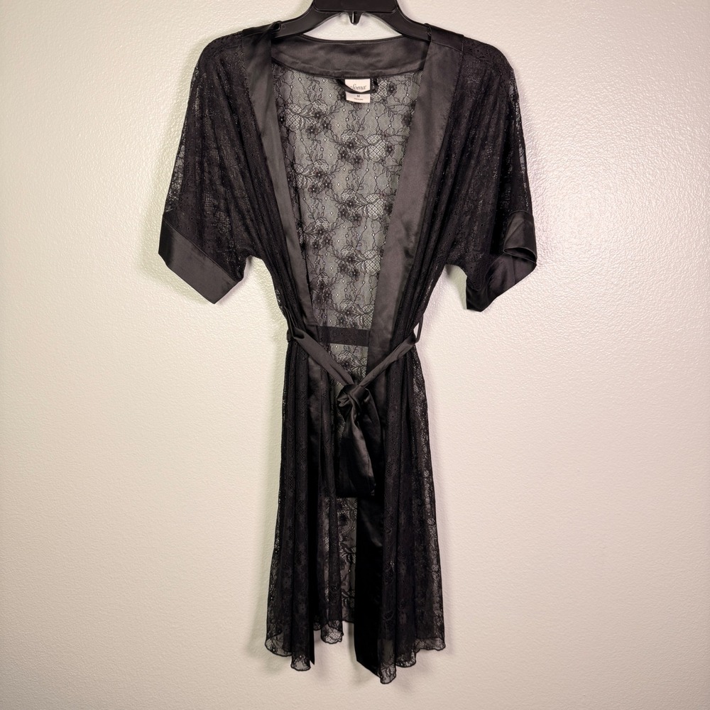 Soma Black Floral Lace Robe Satin Trim Sheer Belted Wrap Kimono Lingerie Medium - Picture 9 of 9